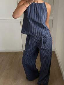 Dazy Tall Curve Summer Fashion Striped Spaghetti Strap Top And Long Pants Casual Two Pieces Set Tall Plus Size Women Spring Summer Outfit - Navy Blue - View 2