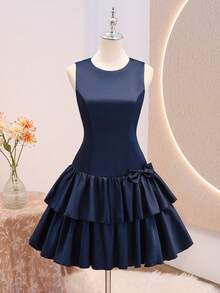 Tween Girls Back To School Semi-Formal Navy Blue Slvless Rnd Neck Hi Waist Layered Ruffle Bow Dress Sixth Form,Graduation,Party - Navy Blue - View 6