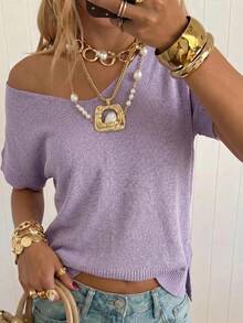 SHEIN WOMEN'S WEAR Lightweight V-Neck Short-Sleeve Knit Top Soft Touch Relaxed Fit Minimal Casual Summer Pullover Easy Layering Brunch Light Purple - Lilac Purple - View 2