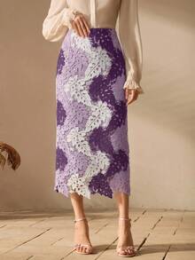 Anewsta Autumn High-Quality Standard Size Women's Fashion Contrast Color Hollow Embroidery Vintage Elegant Skirt, Wedding, Garden Party Night Purple Floral - Multicolor - View 5
