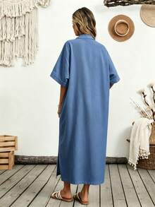 SHEIN 女款素色單排扣休閒日常穿著襯衫洋裝 - 藍色 - 查看 3