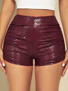 SHEIN SXY Women's Faux Crocodile Texture Pleated Fashion Shorts - Burgundy - View 4