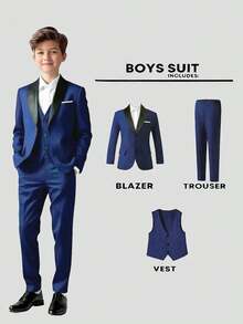 SHEIN 三件套青少年男童绅士套装 - 休闲西装外套+马甲+长裤，优雅正式套装，适合生日派对、婚礼、毕业典礼、婚礼宾客、花童、戒指童等场合。 - 寶藍色 - 查看 1