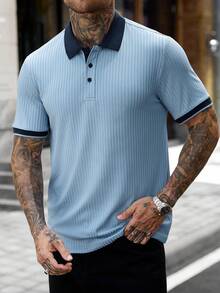 Manfinity CasualCool Men's Button Half-Placket Ribbed Short Sleeve Polo Shirt - Blue - View 6