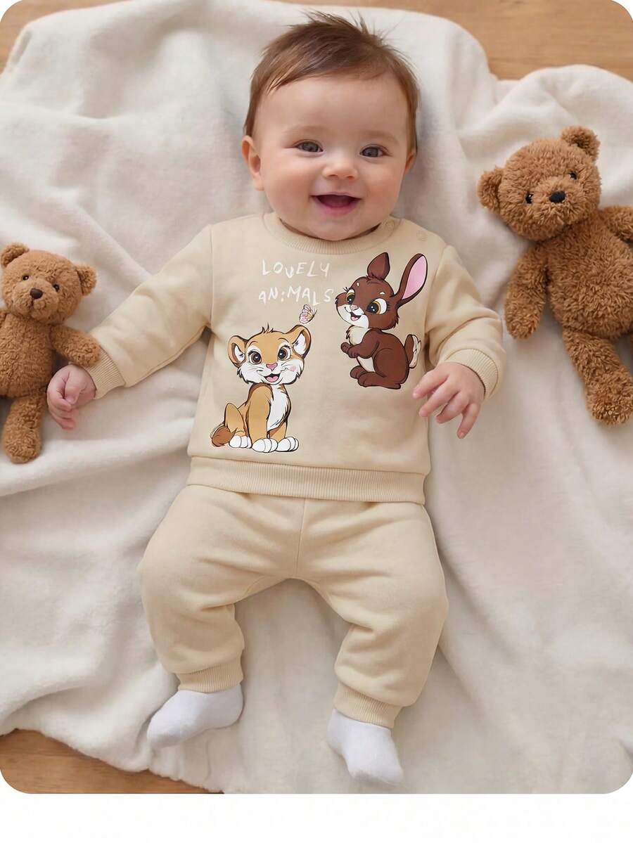 SHEIN Newborn Baby Girl Cute Casual Versatile Cartoon Pattern Long Sleeve Sweatshirt And Elastic Waist Long Winter Pants Set Neutral - Khaki - View 1