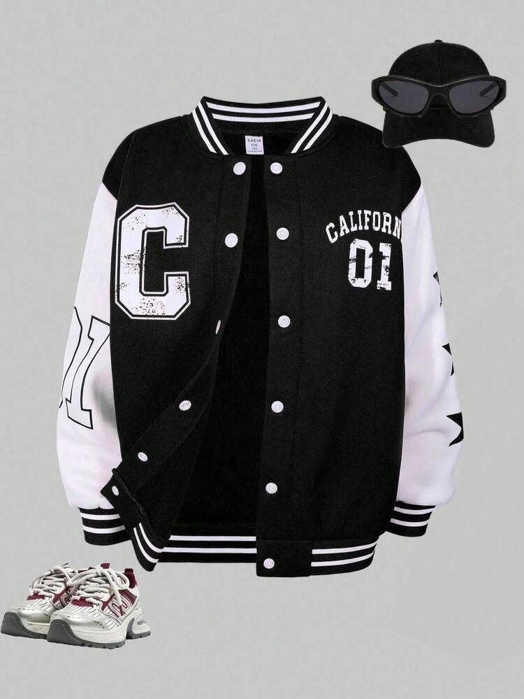 SHEIN Explorewe Streecool Tween Girl Tween GirlsAutumn/Winter Casual Comfortable Fashion Design Daily Versatile Letter Number Cartoon Graphic Baseball Jacket - Black - View 5