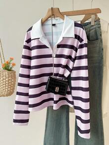 Muvela Women's Collared Long Sleeve Pink And Purple Striped Casual Preppy T-Shirt School Fall - Multicolor - View 8