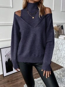 SHEIN LUNE 秋冬休閒純色高領露肩毛衣 - 藏蓝色 - 查看 4