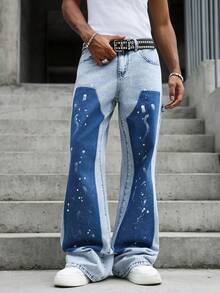 GALLERY FADE Men's Casual Flare Denim Jeans, Splatter Design Loose Wide Leg Jeans, Streetwear Retro Washed Casual Pants - Blue - View 6