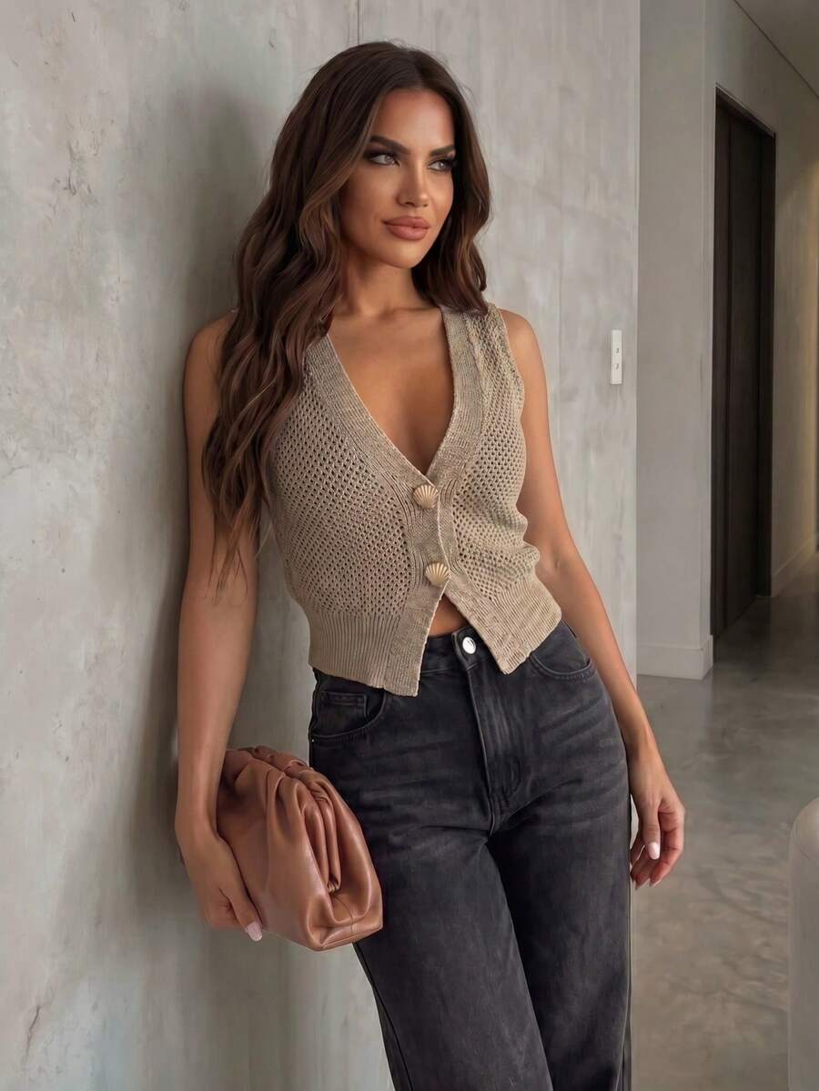Allurite Women's Button Front Hollow Out Decor Sweater Vest Everyday Day Time Beige Summer Casual - Khaki - View 1