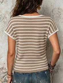 LUMIGAL Horizontal Striped V-Neck Trimmed Cuff Short Sleeve Fitted Knit Top - Multicolor - View 2
