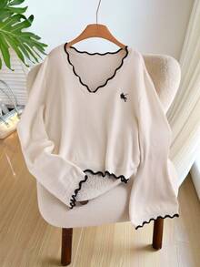 SHEIN CURVE+ Plus Size Colorblock Trim V-Neck Long Sleeve Pullover Sweater Winter, Fall 2026 22W Back To School - Beige - View 8