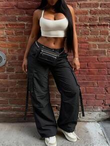 Slaydiva Pantalon cargo femme vintage streetwear noir à poches multiples avec design de ruban, pantalon long décontracté pour le trajet et les vacances - Noir - Voir 16