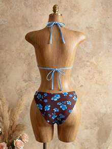 Swim Mod 2pcs/Set Spring/Summer Multi-Color Print Triangle Bikini Set With Random Halter Tie Bottoms, Women's Casual Tropical Beach Vacation Brown Floral - Multicolor - View 3
