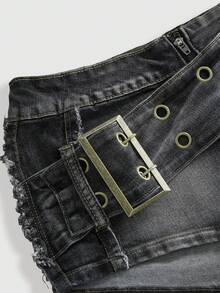 ROMWE Grunge Punk Denim Shorts Retro Big Belt Metal Color-Block Sexy Hot Girl Personalized Niche - Black - View 3