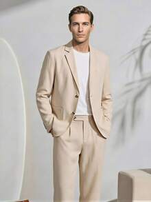 VeloEdit Apricot Men's Solid Color Business Suits, Including Jacket And Trousers, Brown, Two Pieces Beige Khaki Summer Cream Casual Champagne Suitable For - Apricot - View 4