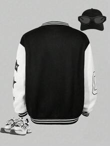 SHEIN Explorewe Streecool 青少年女孩秋冬休閒舒適時尚設計日常百搭字母數字卡通圖案棒球夾克 - 黑色 - 查看 2