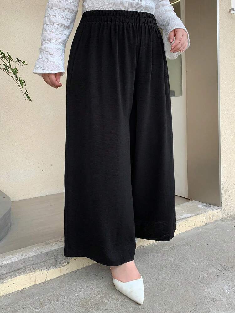 Dazy Petite Curve Solid Color Wide Leg Culottes Black Long Pants Plus Size Women Spring Summer Petite Casual Pants - Black - View 6