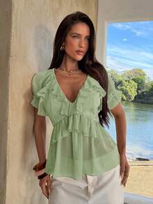 Aloruh Blusa bohemia de unicolor con cuello en V y volantes para mujer - Verde Oliva - Ver 6