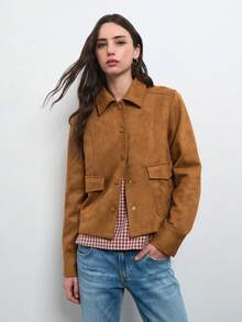Nöista Brown Suede Jacket With A Collar, Flap Patch Pockets & Covered Buttons. Everyday, Back-To-School, Office Wear, Travel, Weekends, Fall Autumn, Winter.. - Brown - View 3