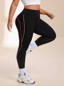 Easithlete Women's Plus Size Striped Pattern High Elasticity Tight Yoga Pants Suitable For Sports, Running, Fitness - Black - View 3