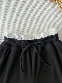 SHEIN Tween女孩休閒簡約舒適中腰針織抓絨腰帶長褲，蕾絲飾邊抽繩設計，直筒褲腿，中厚度，黑色，適合秋冬季節，返校穿搭 - 黑色 - 查看 10