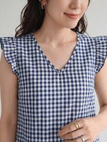 SHEIN LUNE Vestido túnico de puño con fruncido de guingán - Azul y blanco - Ver 2