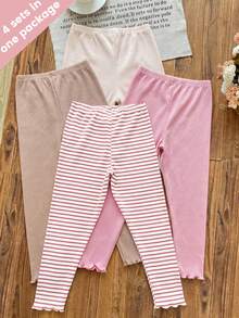 SHEIN Elladie kids Spring Summer Squishy 4pcs/Set Girls Sweet Cute Versatile Multi-Color Morandi Color Soft Comfortable Ribbed Ribbed Knit Leggings - Multicolor - View 2