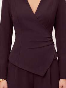 Lumalex Deep Plum Wrap Blazer With Notched Square Neck Asymmetric Front Ruched Waist Back Waist Tie Long Sleeves Tailored Suit Jacket Autumn Work Style - Burgundy - View 5