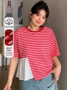 Dazy Plus Kaos Musim Semi/Panas Warna Pink dengan Motif Garis-Garis Patchwork Kontras dan Kerah Bulat Longgar Lengan Pendek - Merah - View 1