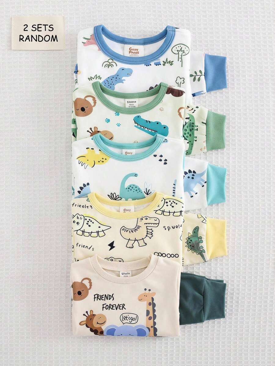 SHEIN 嬰兒男孩女孩貼身可愛動物圖案羅紋圓領長袖上衣與睡褲套裝,柔軟舒適緊身睡衣套裝 2 件組,聖誕節、新年、睡衣 - 彩色 - 查看 1