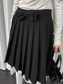 SHEIN Tween女孩 春夏返校季 梭織黑色蝴蝶結休閒百褶裙 - 黑色 - 查看 2