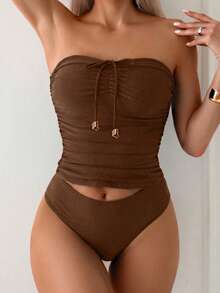 Swim Lushoire Elegant Versatile Slimming Ruched Strappy Bandeau Top - Mocha Brown - View 3