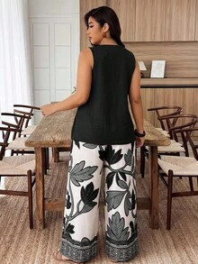 Weeklong Women's Plus Size Spring/Summer Botanical Print Button Decor Casual Vacation 2-Piece Set Vacation Emerald Green White Vacation Tropical - Multicolor - View 2