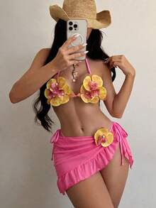 Swim SXY Bộ bikini 3 món thời trang mới gồm áo bikini hai dây buộc cổ họa tiết hoa lan 3D, quần bikini tam giác buộc dây và váy mini xếp ly bằng vải lưới (họa tiết hoa ngẫu nhiên). - Màu Hồng Tươi - Xem 1
