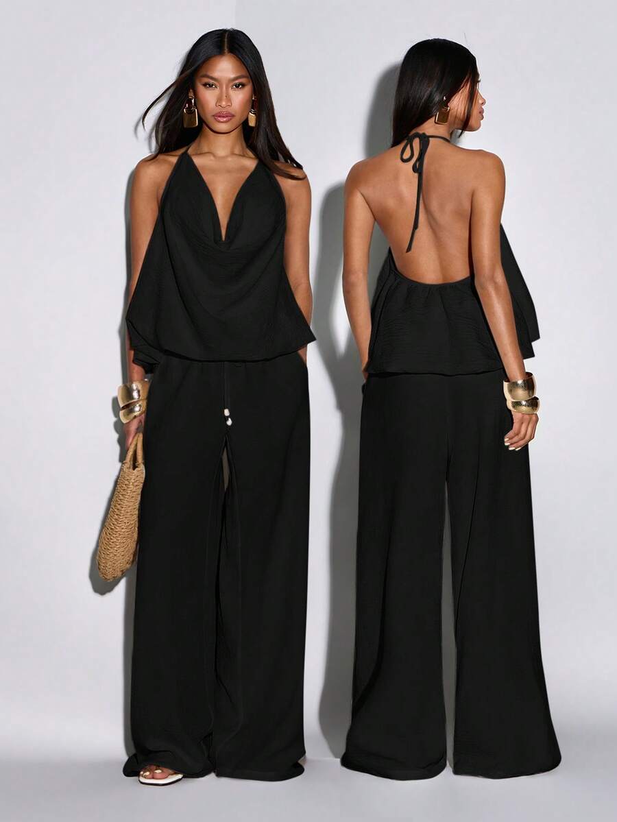 Normani Women's Solid Color Halter Tie Backless Top And Wide Leg Pants Casual Sexy Daily 2-Piece Set Club Night Out Vacation Black Summer - Black - View 1