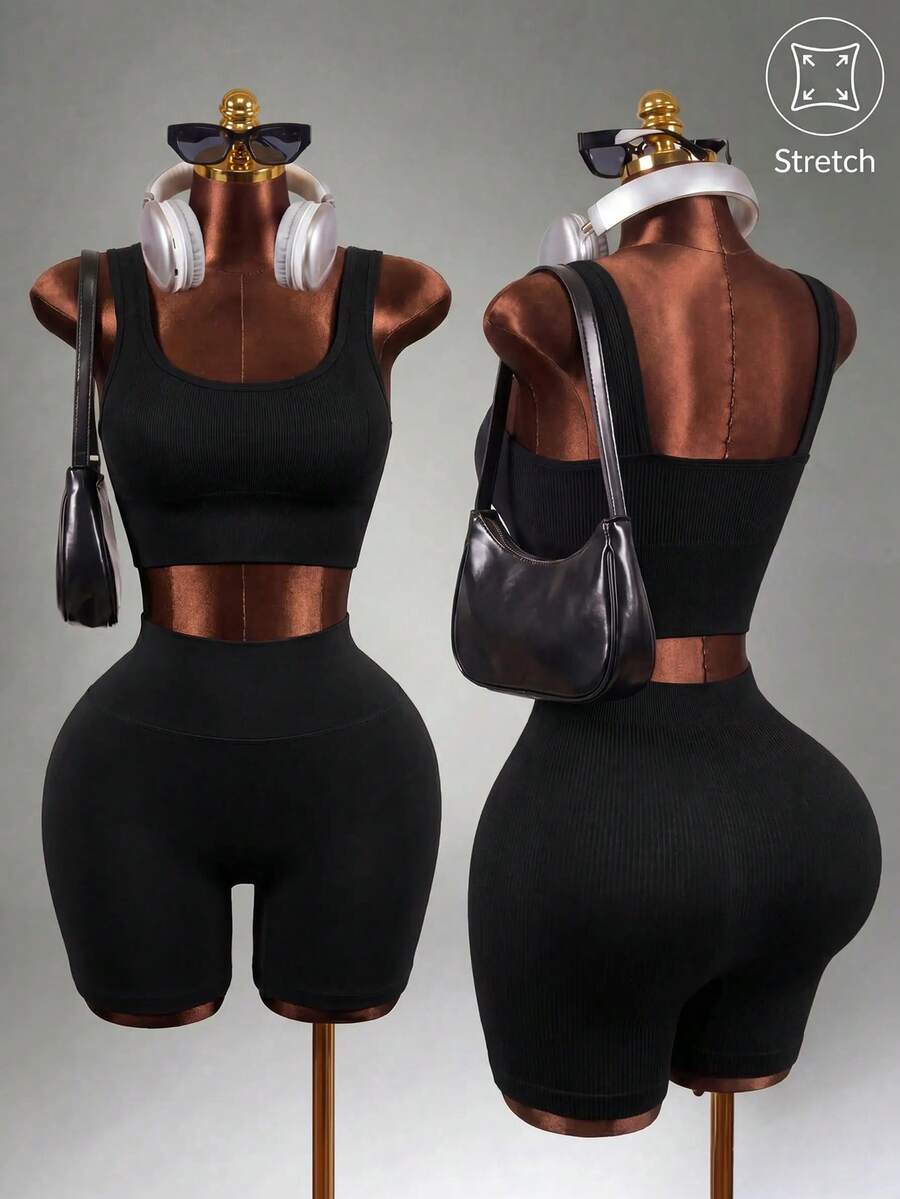 Mistrie 1 Stück Damen Nahtloser Sports-BH mit abnehmbaren Polstern für den Sommer, mit Hebefunktion - Schwarz - Übersicht 1