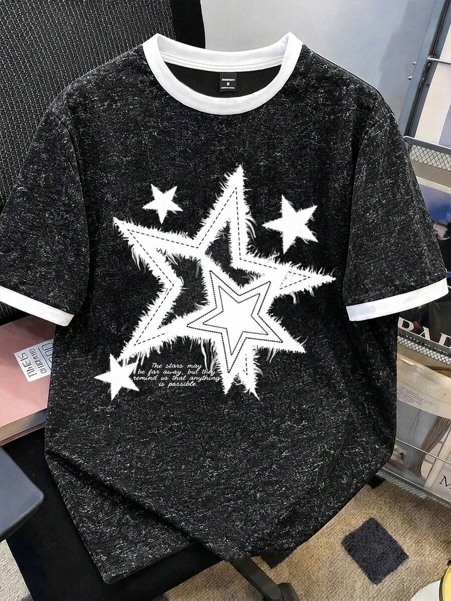 Manfinity Joysei Plus Size Men's Washed Black T-Shirt With White Cuff Patchwork Design, Holiday - Black - View 1