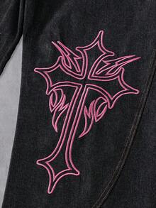 Manfinity Denimwave 男士街頭風 Grunge Y2K 哥德休閒做舊刺繡黑粉配色寬腿牛仔褲，適合演唱會、度假、海灘、假期、Rave、秋季 - 黑色 - 查看 5
