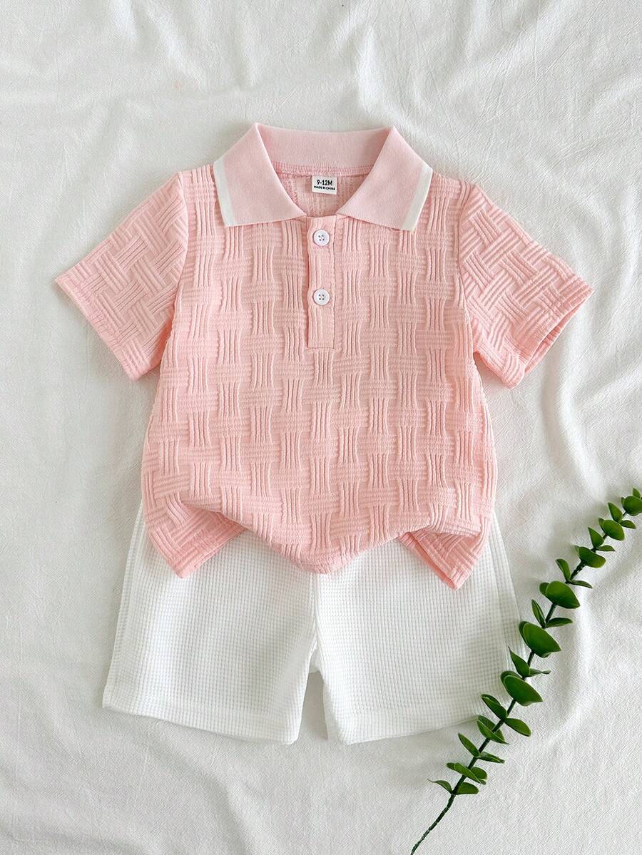 SHEIN Vintaside Kids 男嬰夏季領口短袖簡約休閒套裝,搭配百搭時尚白色短褲,適合日常休閒、公園散步或旅行度假 - 粉色 - 查看 1