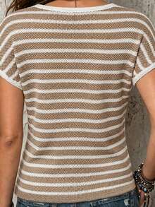 LUMIGAL Horizontal Striped V-Neck Trimmed Cuff Short Sleeve Fitted Knit Top - Multicolor - View 7