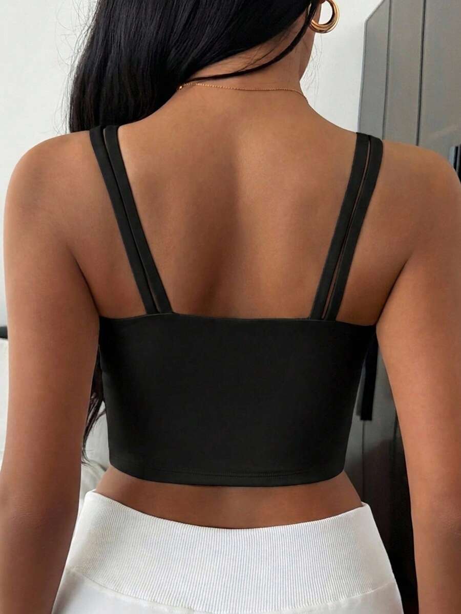 DAZY 純色無縫加墊雙肩帶運動內衣,極簡風女款運動內衣 - 黑色 - 查看 1