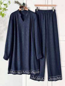 Rusticease 女款幾何刺繡缺口V領長襯衫與長褲休閒兩件套 - 藏蓝色 - 查看 5