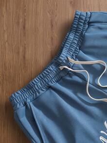 TOKVUE Pantalones cortos casuales para hombre con cintura con cordón y bordado de letras - Azul - Ver 4