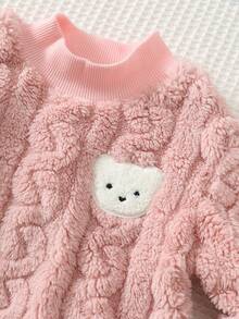 Cozy Pixies 女嬰卡通熊圖案保暖內裡加厚圓領長袖套頭上衣與鬆緊腰長褲2件套，舒適百搭時尚日常可愛熊圖案極簡基礎款，適合室內、戶外滑雪、日常、運動、玩耍、派對、攝影、假期、聖誕節，秋冬穿著 - 粉色 - 查看 5