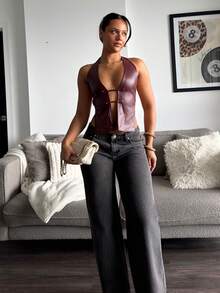 leahseptember Red Wine-Colored Jacket Women's Fashionable Street Style Deep V-Neck Backless Rivet Decorated Top, Summer Fashion Clothing Street Chic Y2K Rave Casual - Burgundy - View 4