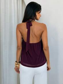 Aloruh Women's Solid Color Ruffle Halter Neck Top, Fashionable Versatile Daily Wear,Purple-Red Top,Teacher Outfits,Casual,Commuting,Work Tops,Summer,Office - Red Violet - View 3