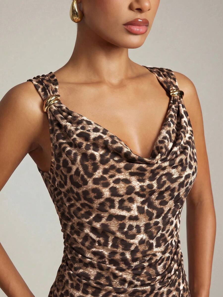 Hauture Top básico casual de oficina para mujer con hombros fruncidos, decoración dorada y cuello drapeado - Multicolor - Ver 1