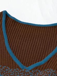 LUMIGAL Vintage Boho V-Neck Colorblock Knit Sweater Dress, Ruffle Hem, Slim Fit Brunch Brown And Blue Autumn - Multicolor - View 7
