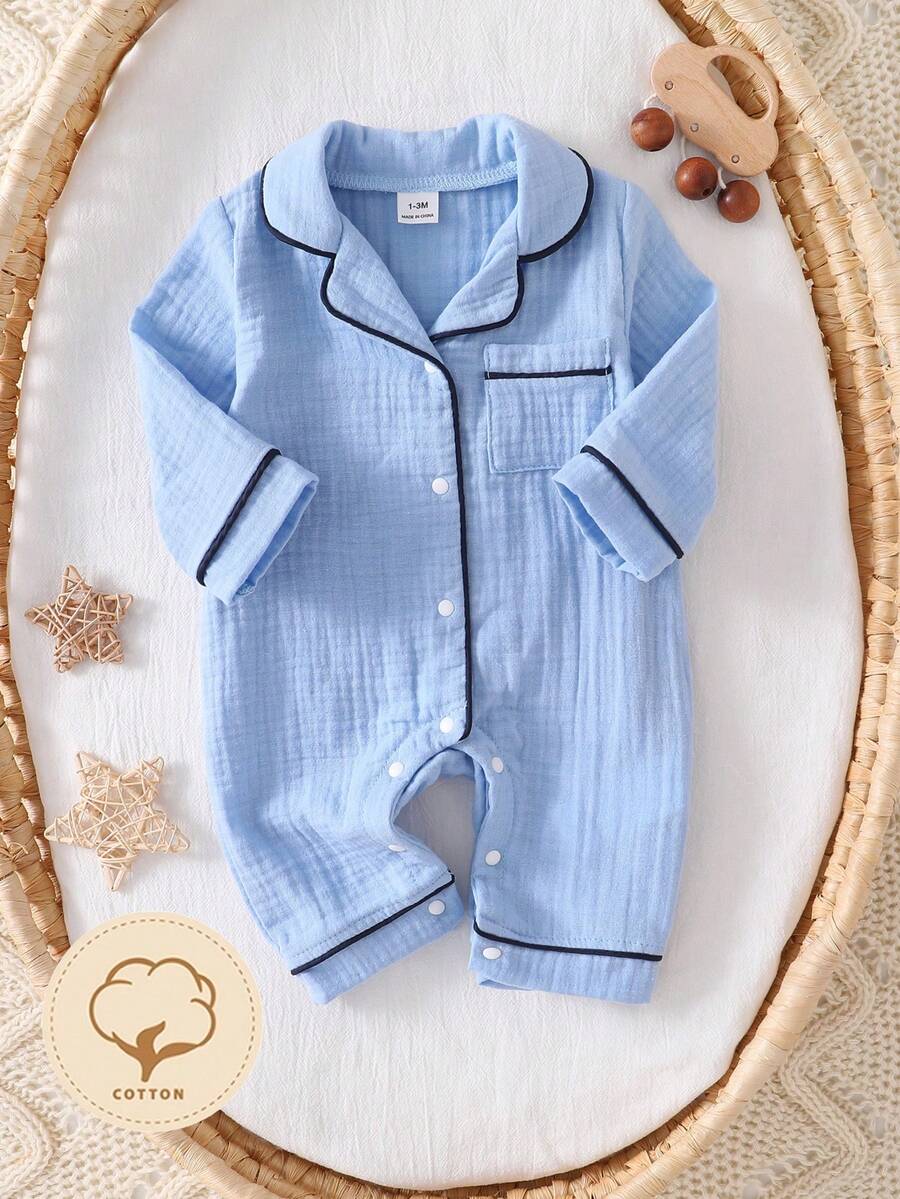 SHEIN Newborn Home Jumpsuit Pajamas, Cotton Crinkle Fabric With Piping Trim, Soft And Comfortable - Blue - View 1
